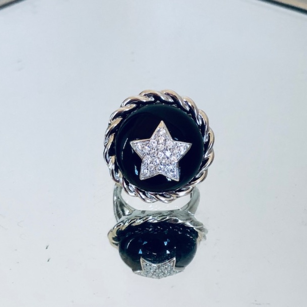 Sterling Silver Black Onyx Cab Ring with CZ Star